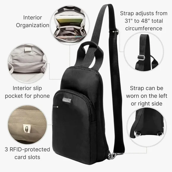 Baggalini Black Sling Backpack Bag Multi Wear RFID Card Slots Adjustable NEW - Picture 4 of 16